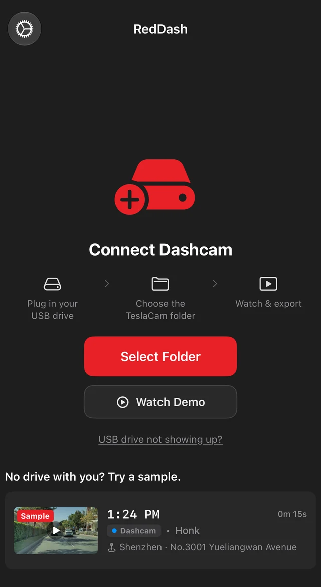 内蔵サンプル映像への入口があるRedDashのホーム画面。アプリ画面は英語表示です。