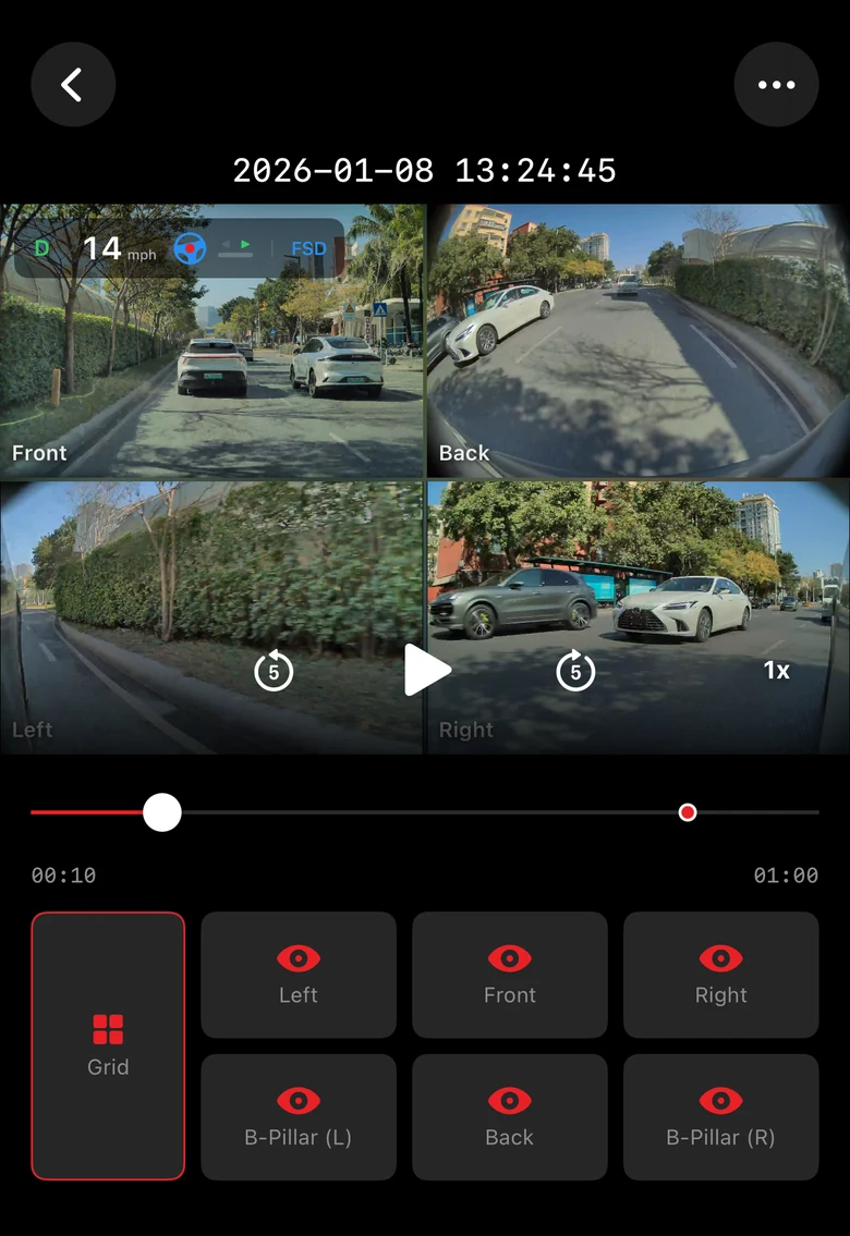 カメラ切り替えに対応したRedDashの複数映像プレーヤー。アプリ画面は英語表示です。