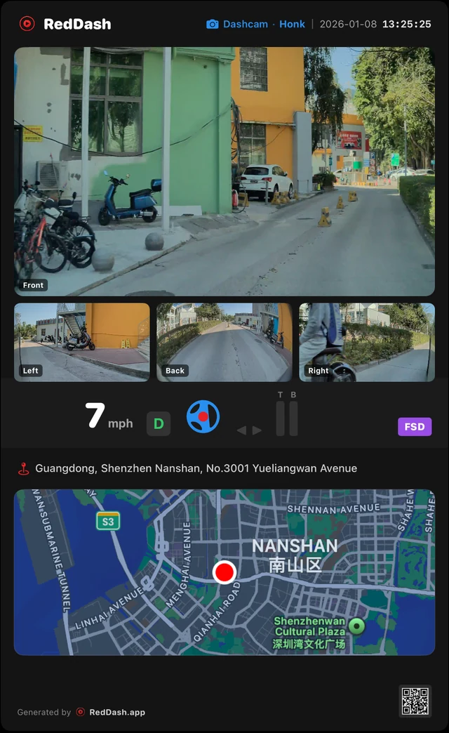 複数のカメラ映像と走行情報をまとめたRedDashのイベントスナップショット。英語表示の実際の画面です。
